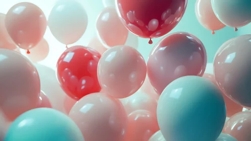 Soft pastel 3D balloons floating against teal background.