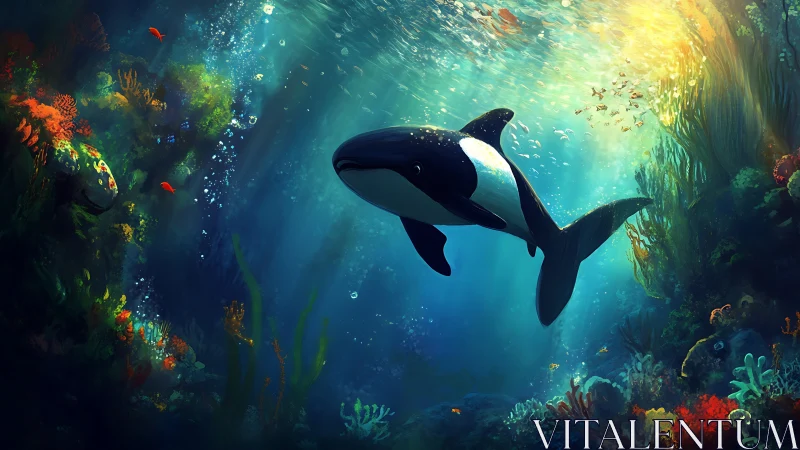 Gentle orca drifting through a glowing coral dreamscape.