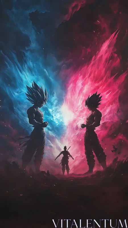 Bipolar energy duel with mirrored fighters in chromatic storm.