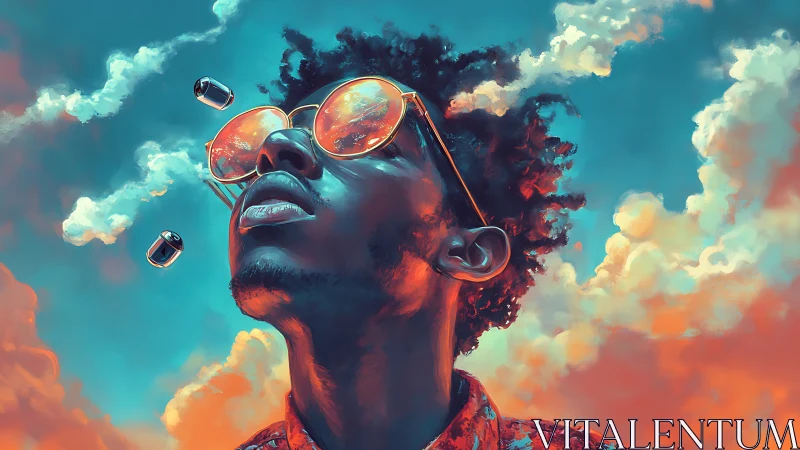 Vibrant digital portrait merges neon sky reflections in sunglasses