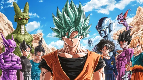 Group of stylized warriors in rocky desert environment.