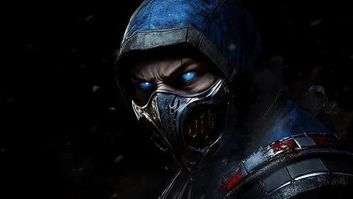 Hooded masked warrior with glowing blue eyes stares forward