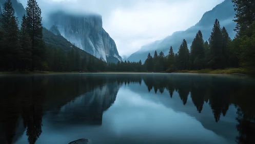 Fog-laden granite cliffs reflect on a still alpine lake surface