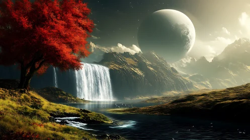 Crimson tree overlooks alien waterfall under colossal planet