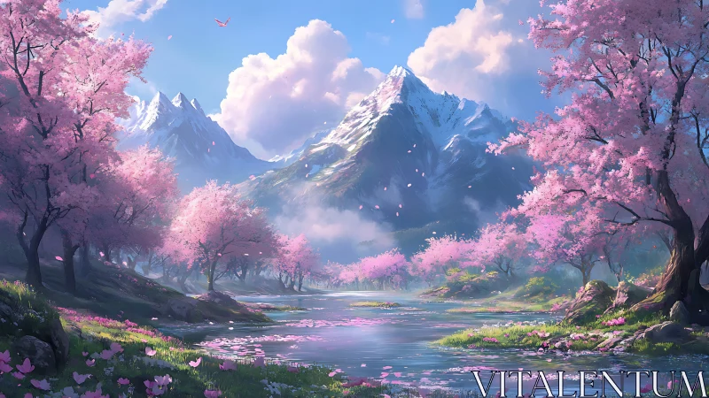 Petal-bright river drifts beneath watchful sapphire mountains