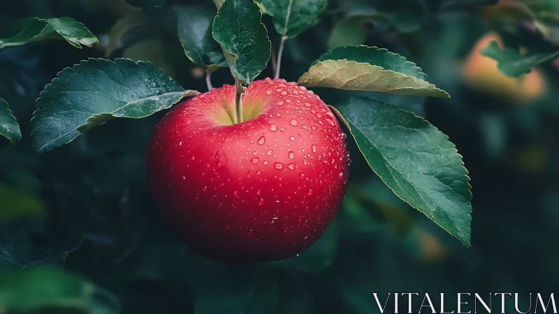 Red apple on tree branch with leaves and water droplets.