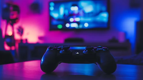 Game controller rests on table before blurred lit screen