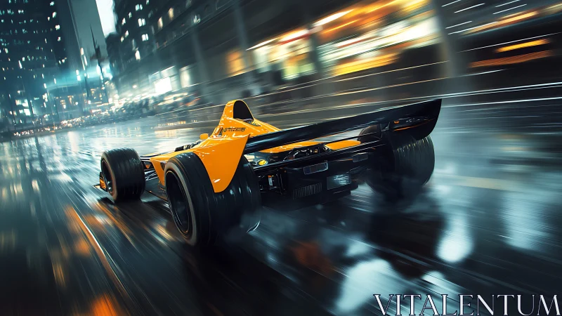 Sleek orange race car storms through neon soaked city streets