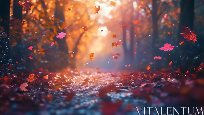Autumn leaves swirl along a sunlit forest path in bokeh haze