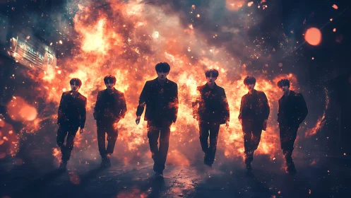 Cinematic digital painting of silhouettes in a firestorm corridor.