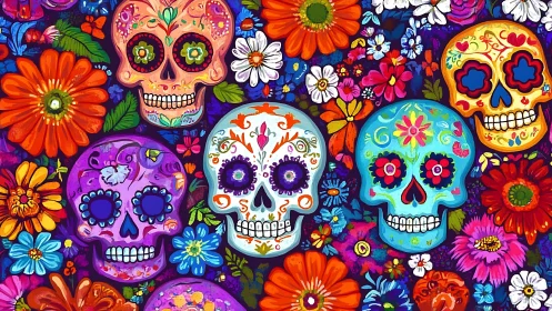 Colorful sugar skulls with dense floral festival pattern.