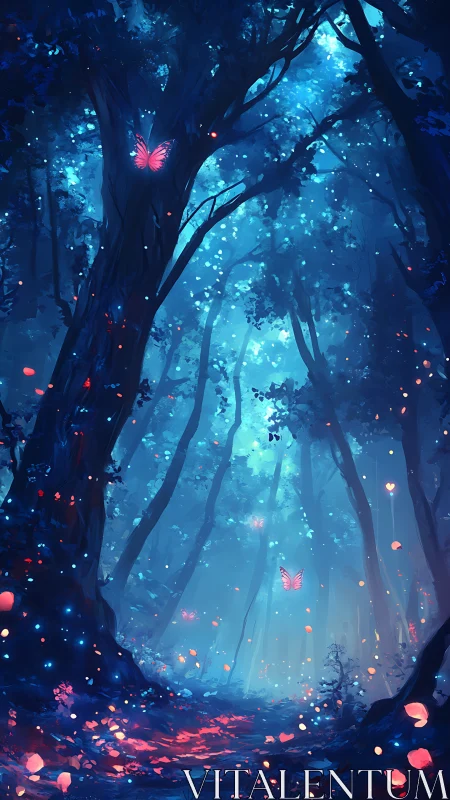 Enchanted Forest with Luminescent Butterflies and Glowing Particles.