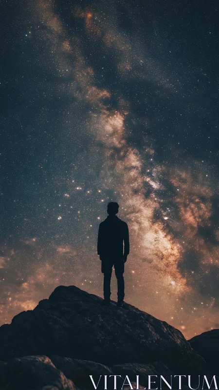 Lone stargazer stands on rocky peak beneath glowing Milky Way
