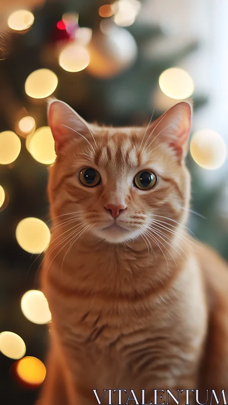 Ginger tabby cat in shallow-depth festive bokeh portrait.
