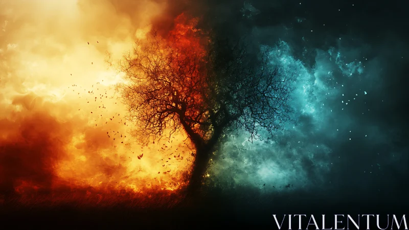 Solitary tree quietly balancing raging fire and cool night