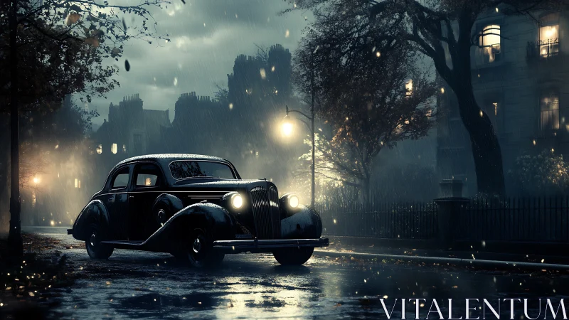 Vintage black sedan waits under rainy city streetlights