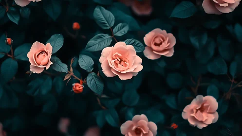 Blush Roses Dance Among Moody Teal Foliage