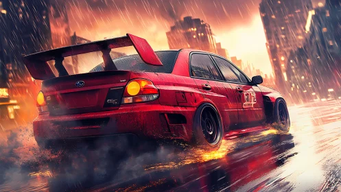 Red rally car drifts through neon city storm at night.