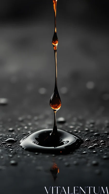 Vertical stream of dark liquid forming reflective splash.