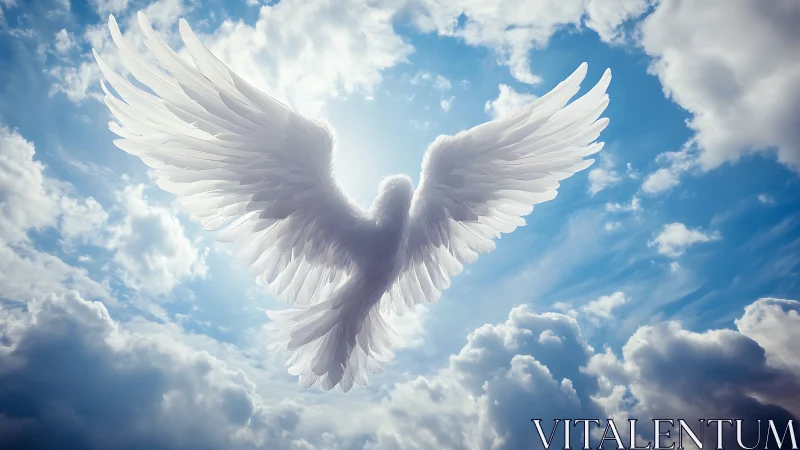 Majestic angel wings in bright sky, digital fantasy art style.