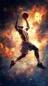 Basketball player levitates through cosmic nebula in dynamic jump shot