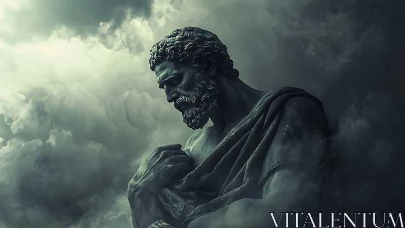 Brooding stone figure stands solemnly within storm clouds