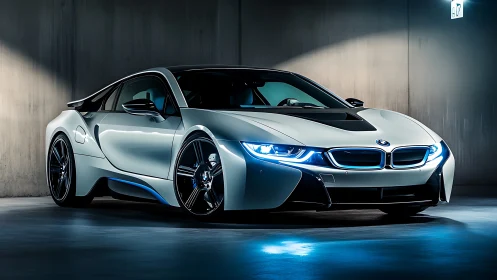 Electric predator prowls a concrete cave in cool neon armor