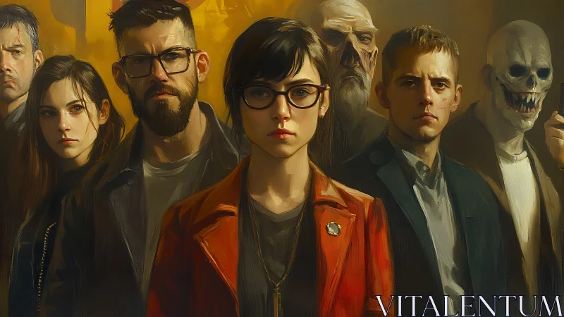 Determined young heroine stands with allies against dark foes