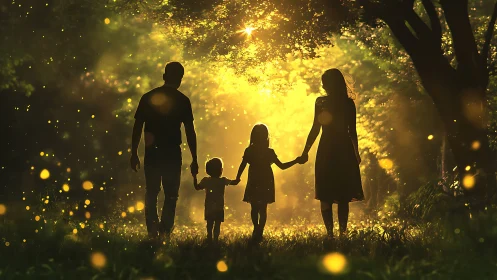 Family silhouettes under golden tree light with particle effects.