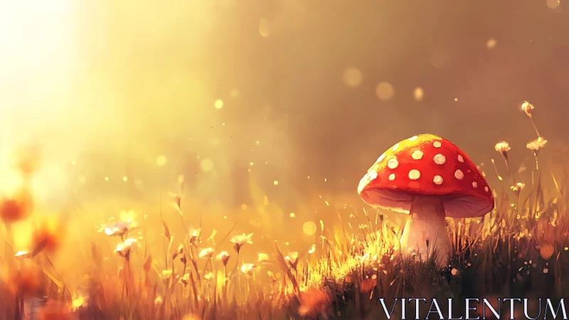Backlit amanita mushroom in golden meadow bokeh at sunrise