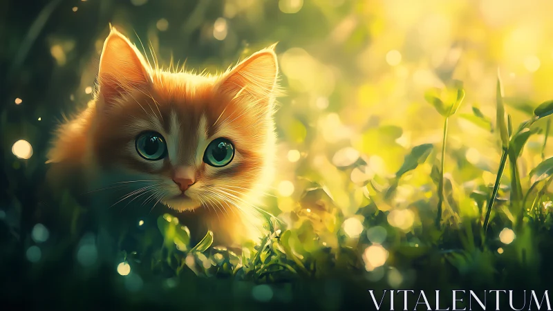 Young Cat Sitting in Grass with Soft Bokeh Lighting