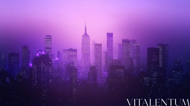 Neon skyline glows through misty purple urban dusk.
