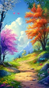 Sunlit mountain path winding through colorful spring trees.