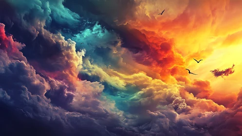 Digital painting of prismatic storm clouds with soaring silhouettes.