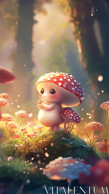 Mushroom creature stands in soft forest light on mossy knoll.