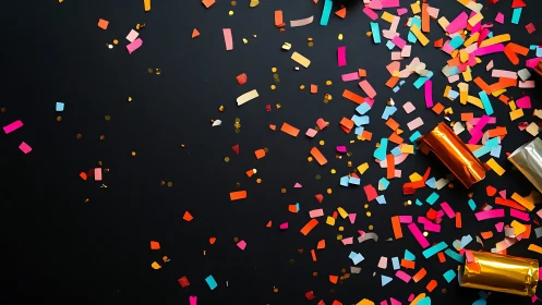 Colorful confetti scatters across sleek black background.