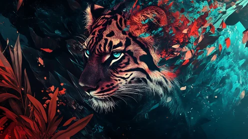 High-contrast tiger portrait dissolving into abstract chromatic fragments