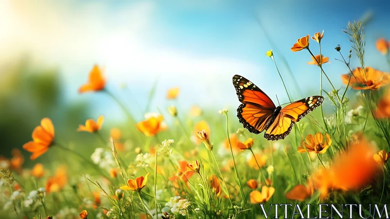 Monarch butterfly drifts above glowing orange wildflower meadow