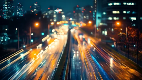 Long exposure captures wet urban highway light trails at night