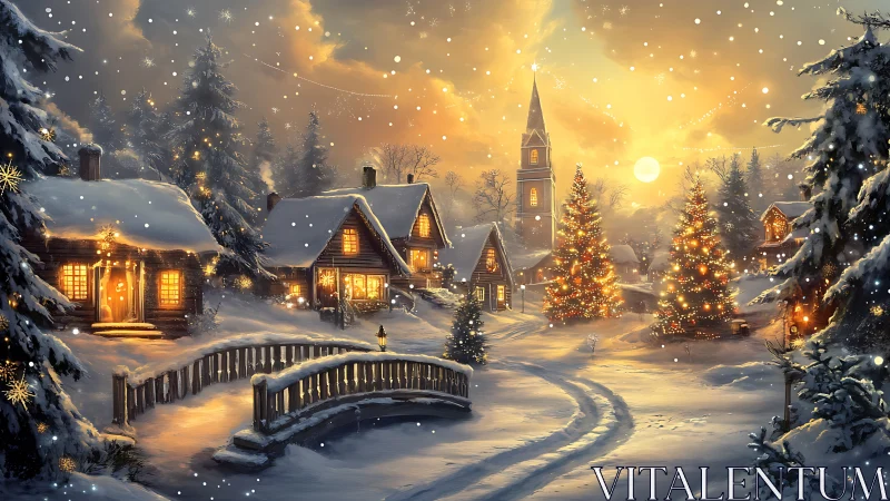 Illuminated alpine village in golden hour snowfall panorama.