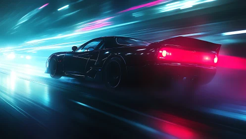 Neon-soaked supercar racing through futuristic night streets.