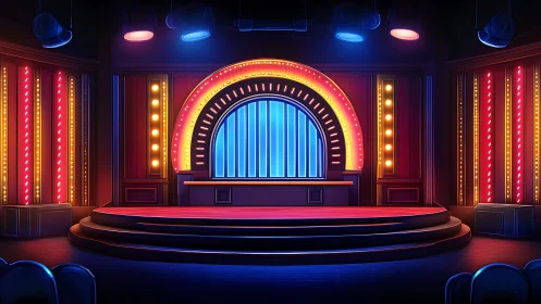 Game show stage glows with colored arch and strip lighting