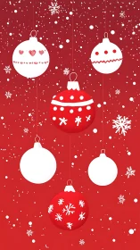 Crimson snow globe of hanging holiday baubles in mid-sparkle.