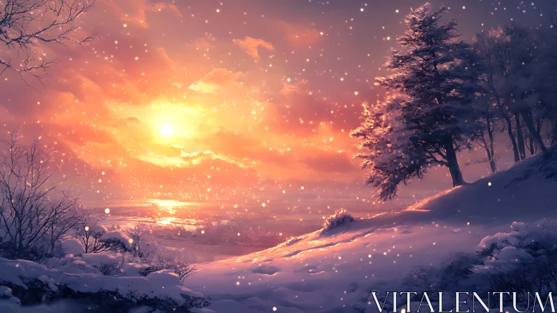 Winter sunrise glow over peaceful snow covered hillside.