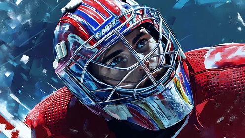 Focused ice hockey goalie gazes upward in bold bright color