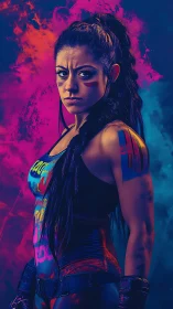 Warrior woman stands amid neon smoke and electric color.