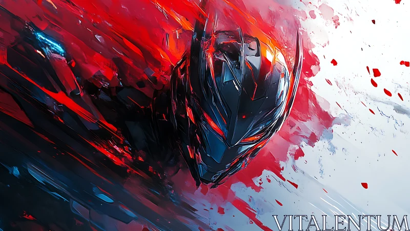 Angular cybernetic helm emerges through red kinetic paint fracture