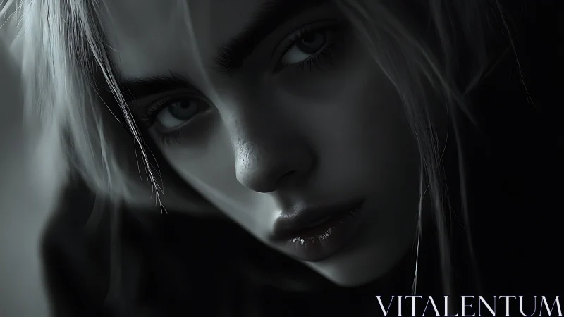 Moody monochrome close-up of young woman’s intense gaze.