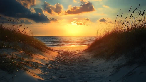 Low-angle coastal dune path frames high-dynamic-range sunset