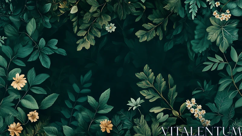 Dense emerald foliage frames negative space in botanical study